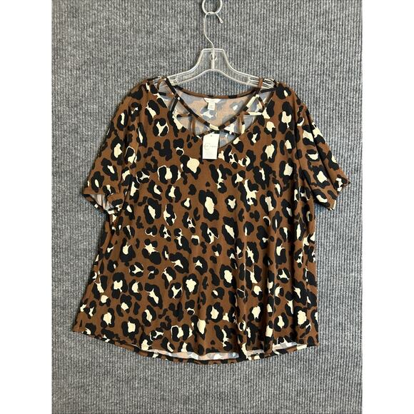 Cato Womens Blouse Size XL Animal Print V Neck Short Sleeve Stretch Office New - Picture 1 of 7